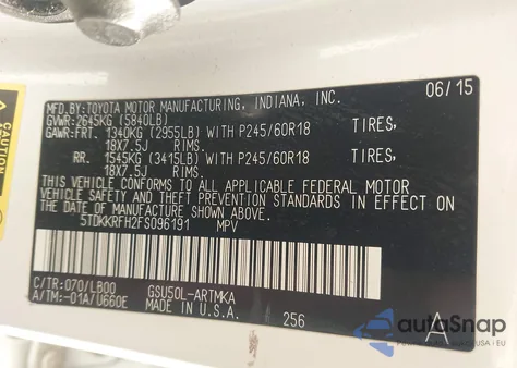 2015 Toyota Highlander Xle V6 from USA, damaged, VIN 5TDKKRFH2FS096191